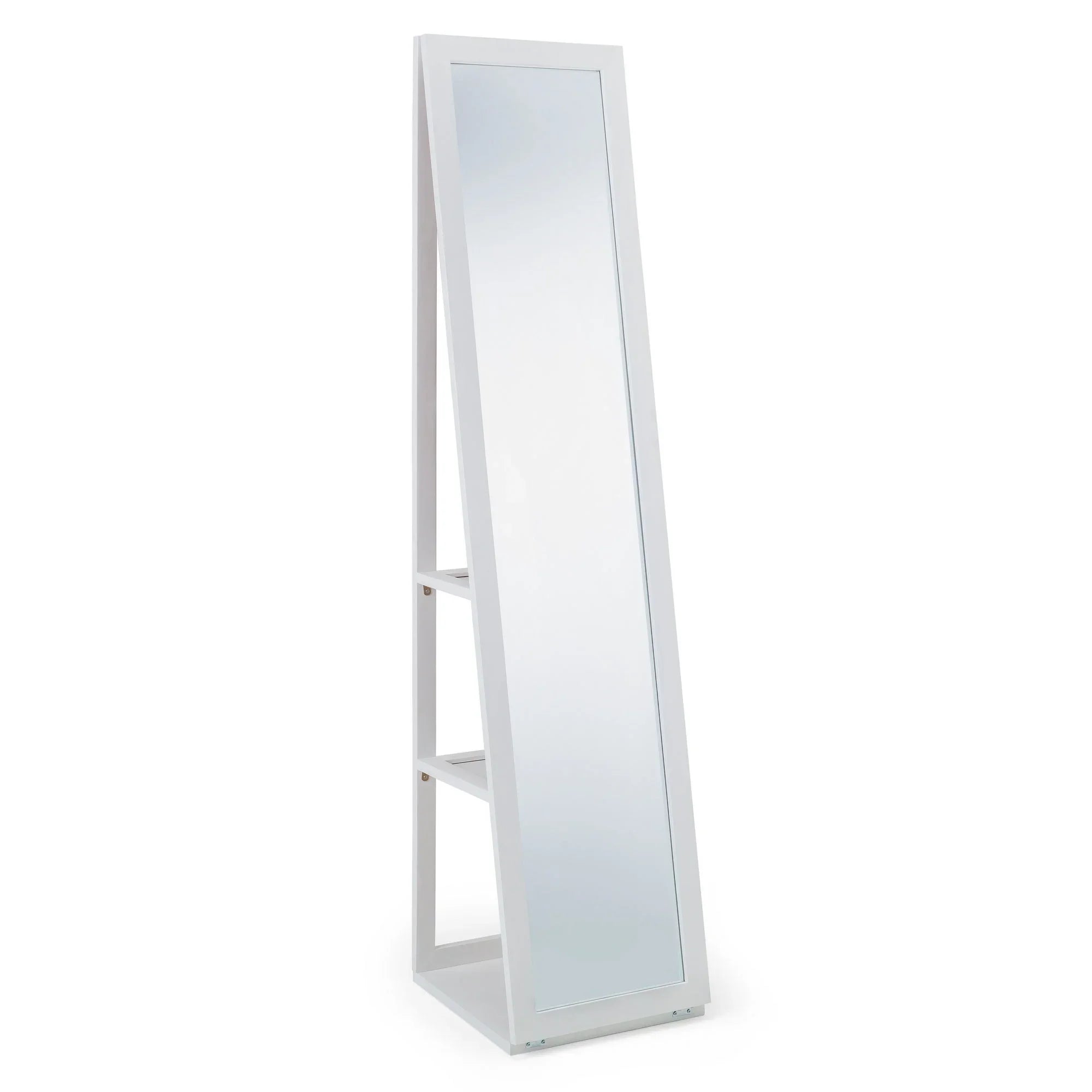 Fresco white storage mirror with side shelves, standing full length, angled view