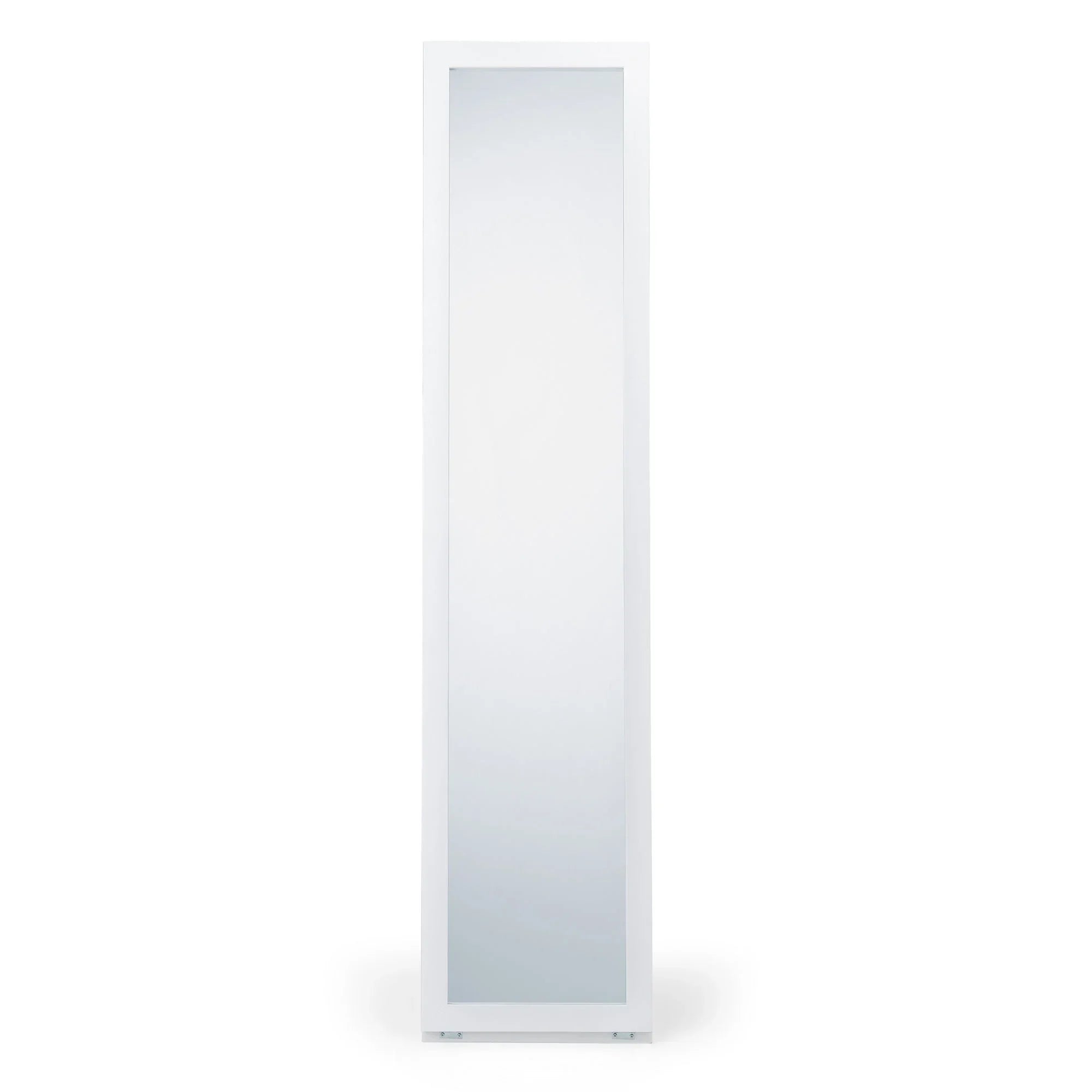 Slim white storage mirror with full length glass panel and minimalist frame, front view
