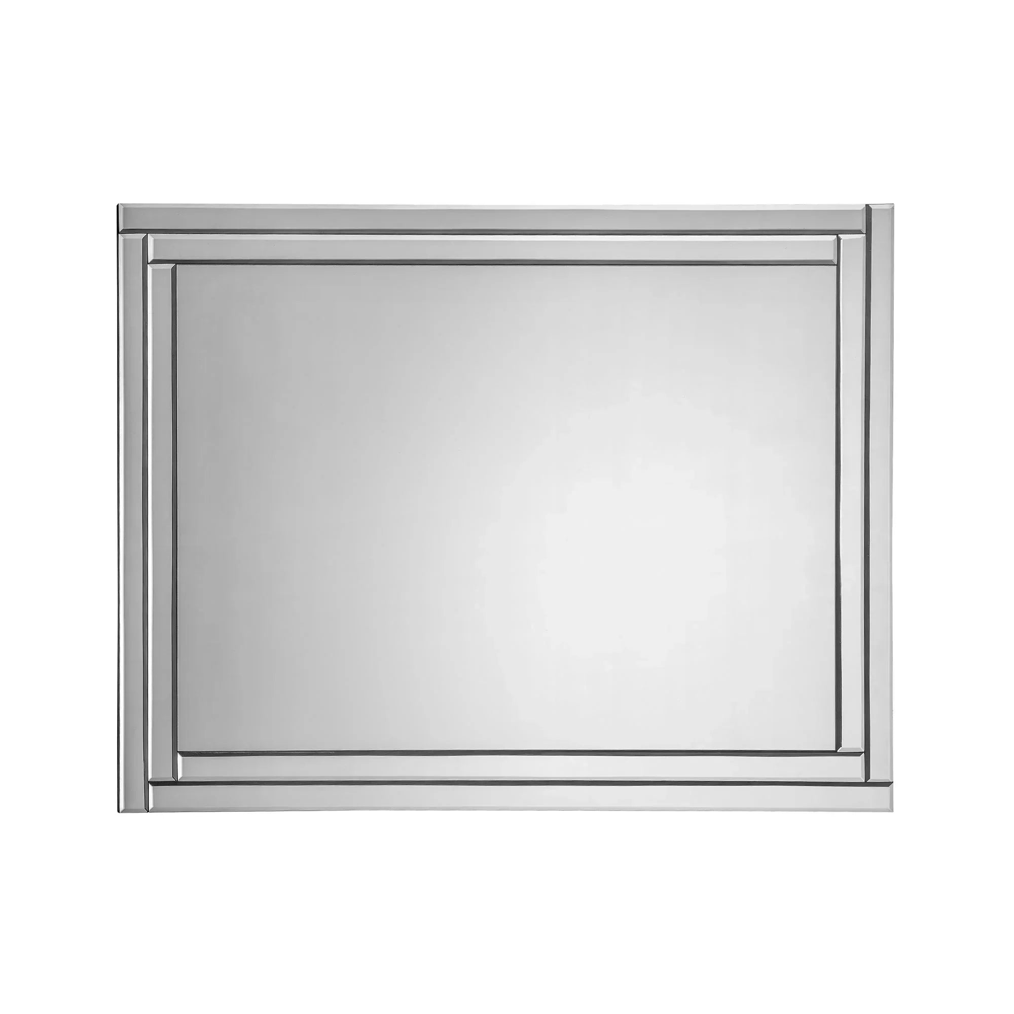 Rectangular frameless wall mirror with geometric beveled edge design