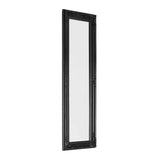 Tall black ornate wall mirror with decorative frame, angled view