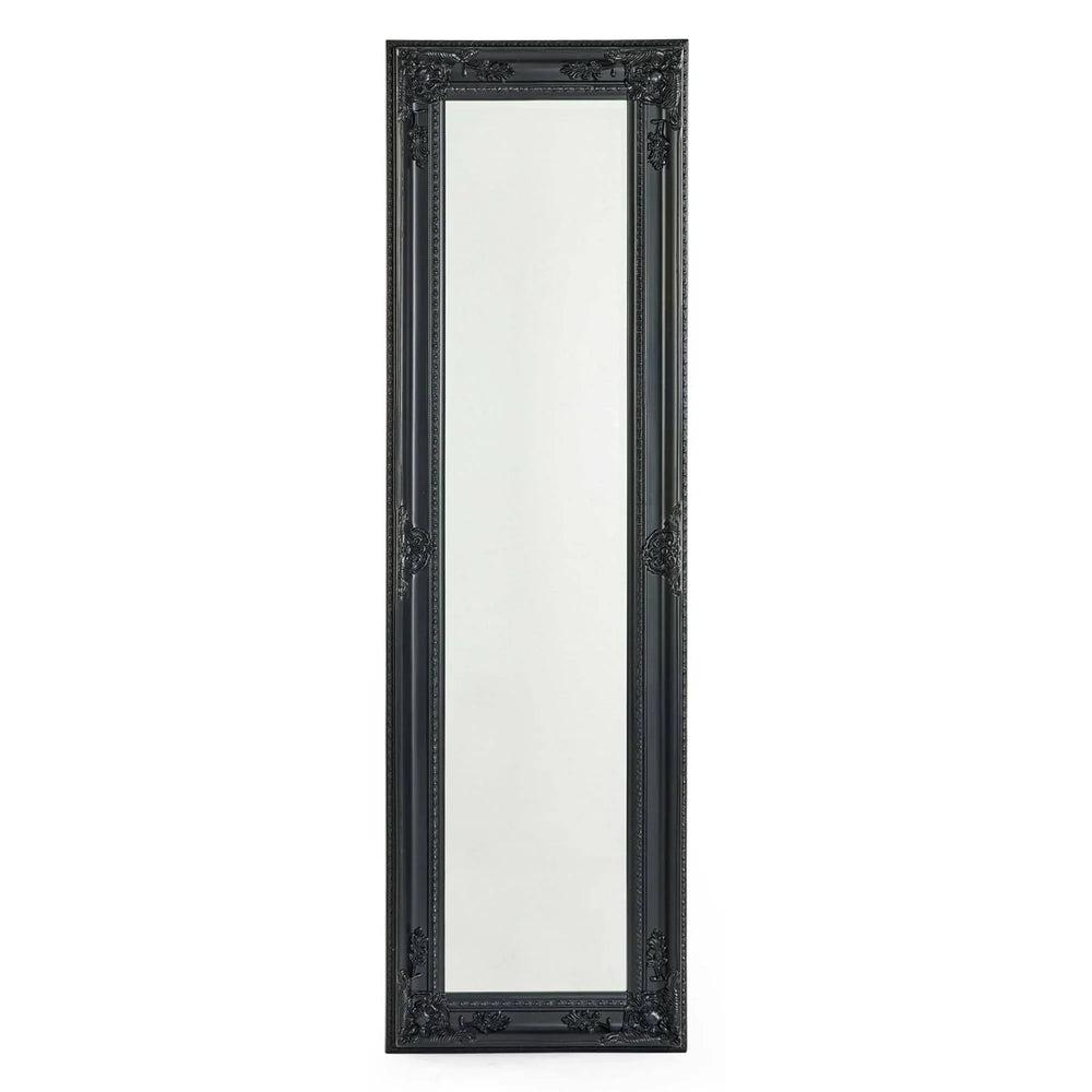 Tall black ornate framed mirror with decorative detailing, full length wall mirror