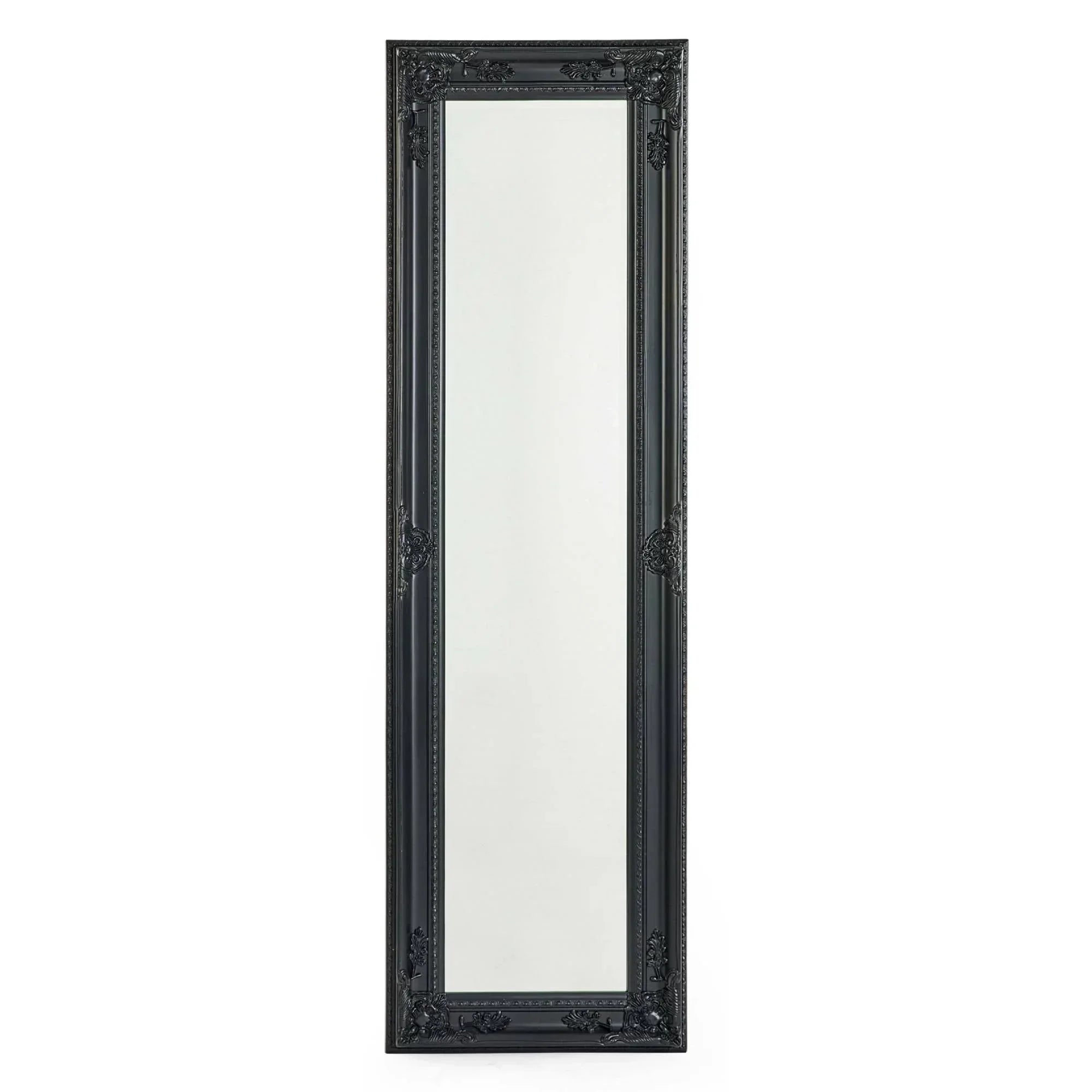 Tall black ornate framed mirror with decorative detailing, full length wall mirror