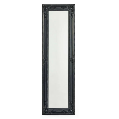 Tall black ornate framed mirror with decorative detailing, full length wall mirror