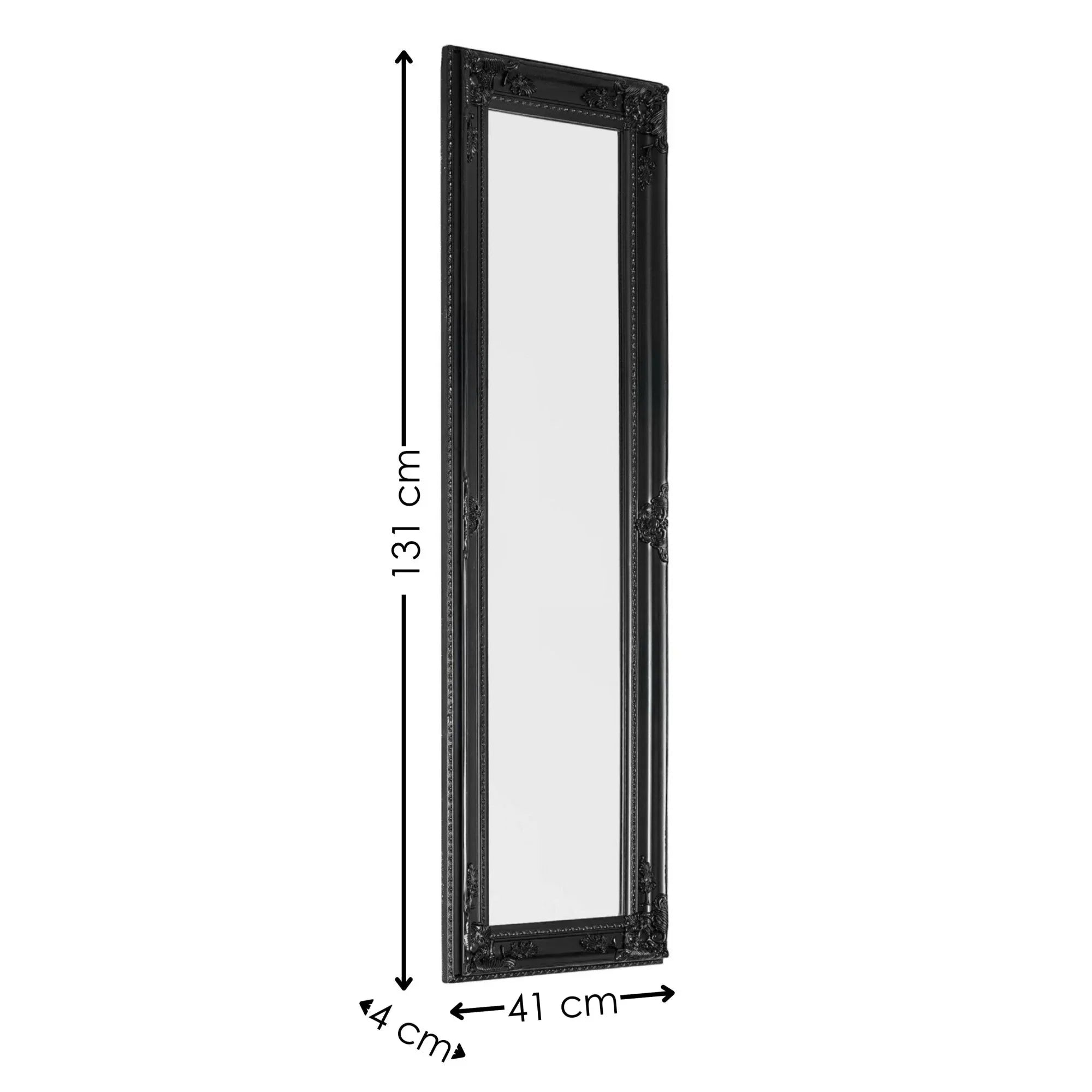 Black wall mirror with ornate frame, dimensions 131x41 cm, beveled edge detail