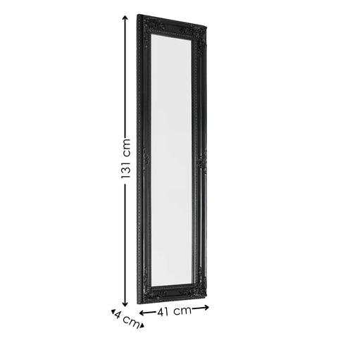 Black wall mirror with ornate frame, dimensions 131x41 cm, beveled edge detail