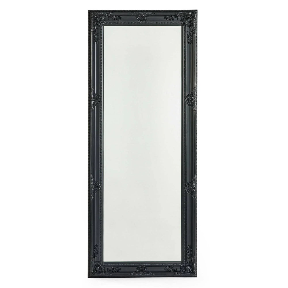 Tall black ornate framed mirror with decorative detailing, full length wall mirror