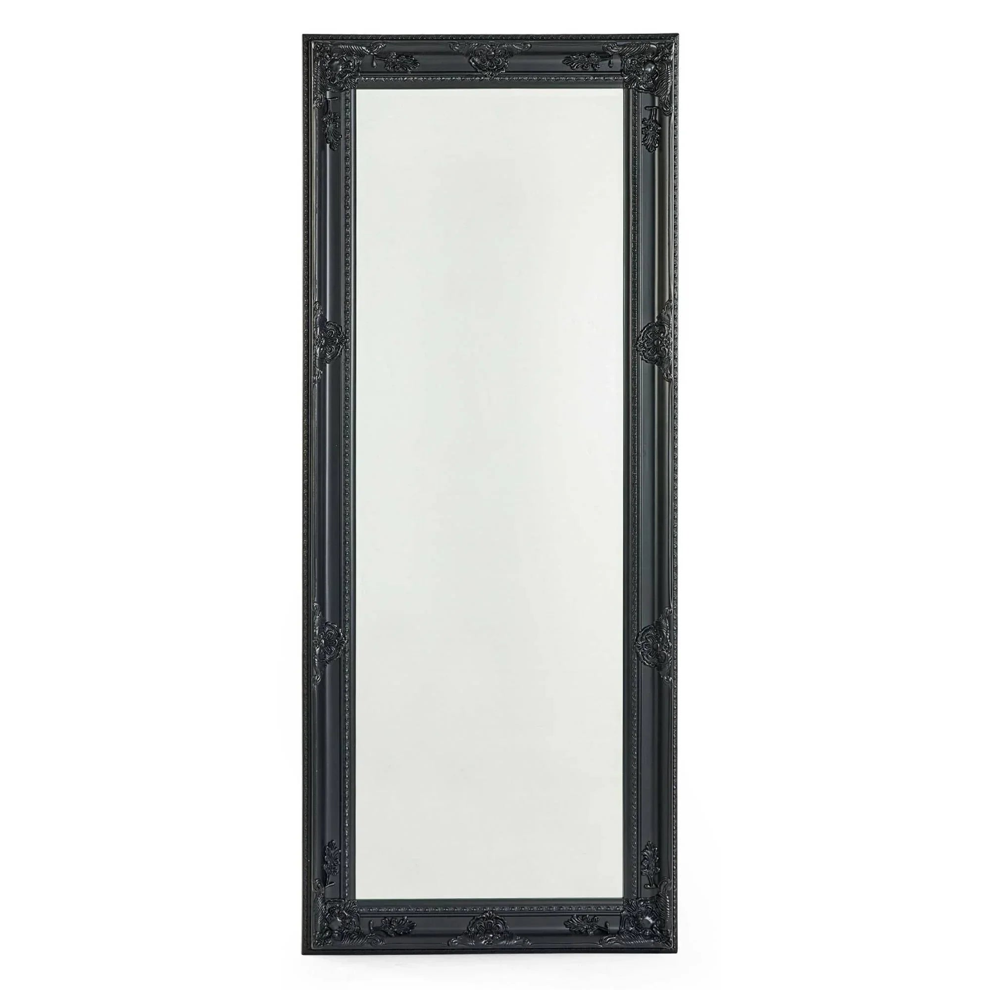 Tall black ornate framed mirror with decorative detailing, full length wall mirror
