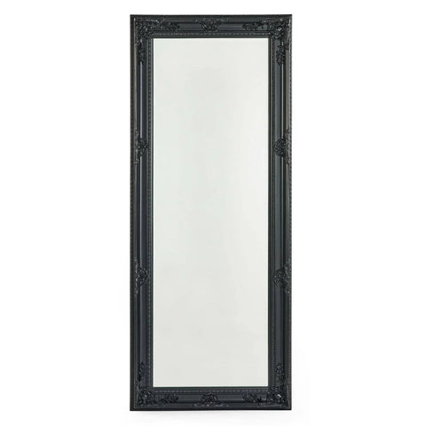 Tall black ornate framed mirror with decorative detailing, full length wall mirror