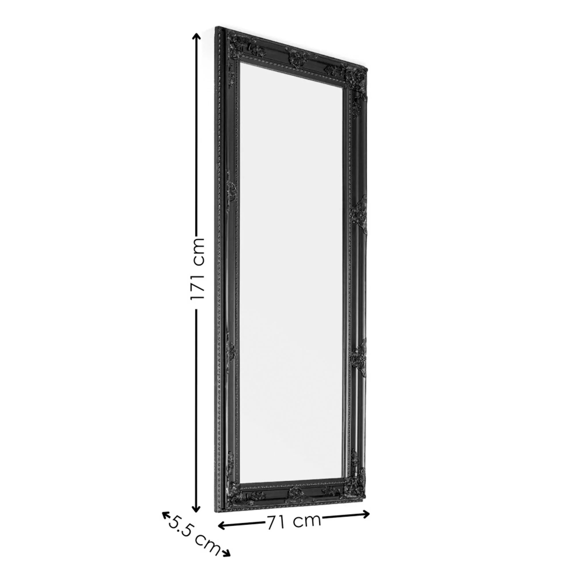 Black ornate wall mirror with detailed frame, 171 x 71 cm, side angle view with dimensions