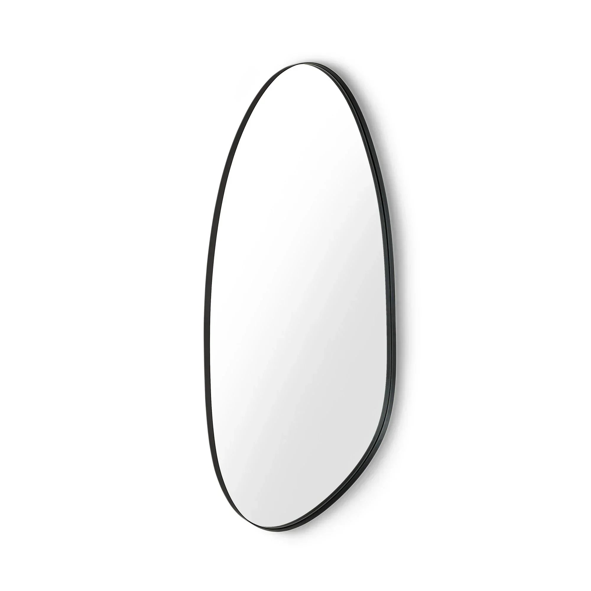 Modern wall mirror with black metal frame and asymmetric oval shape