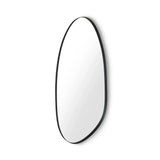 Modern wall mirror with black metal frame and asymmetric oval shape
