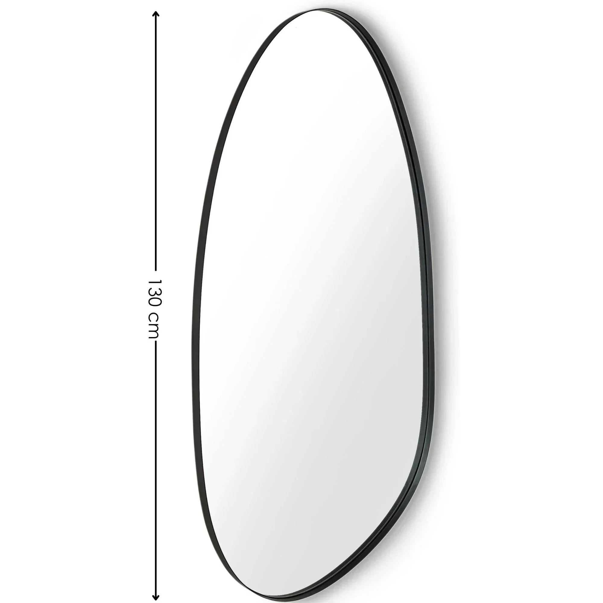 Asymmetric wall mirror with black frame, 130 cm tall, side angle view
