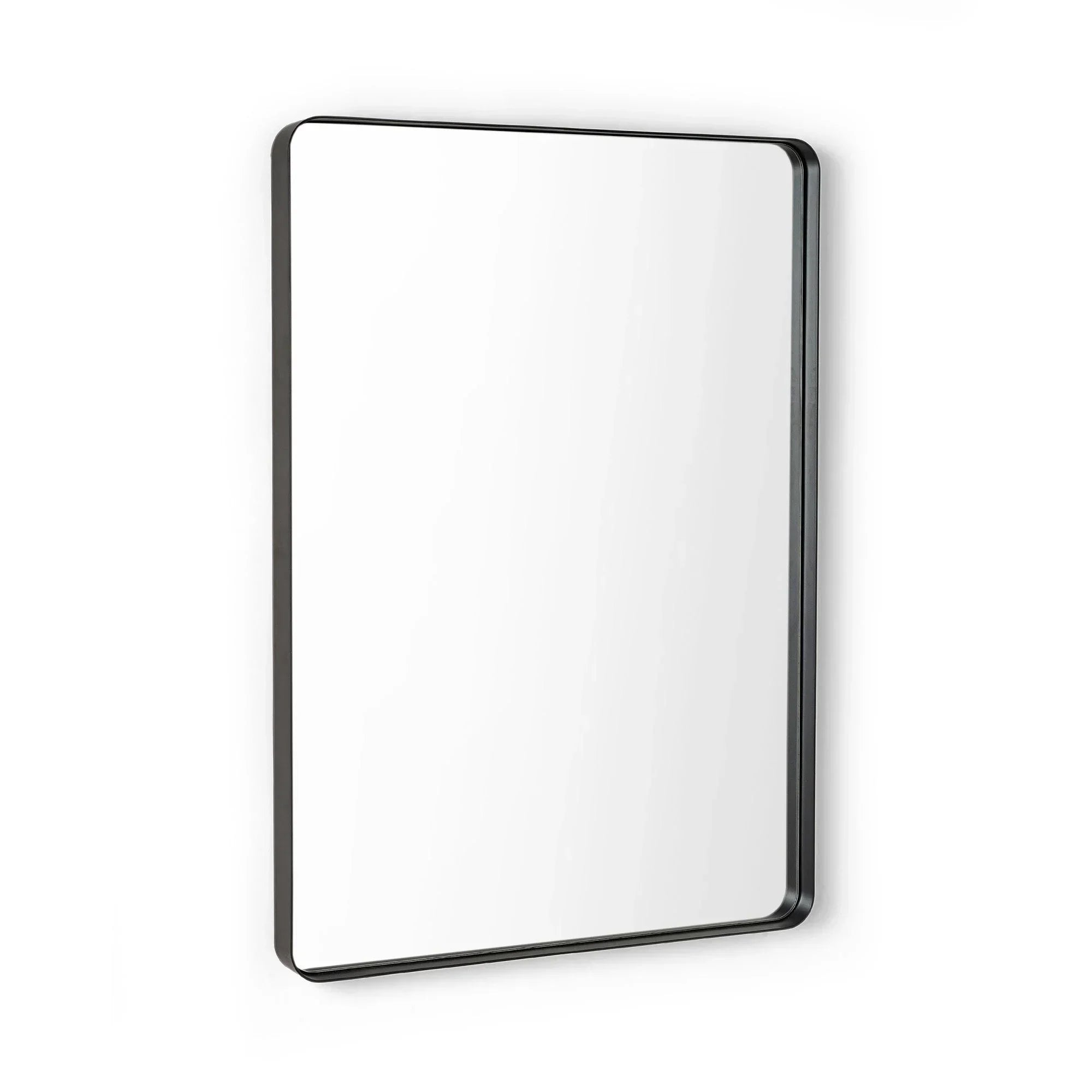 Rectangular wall mirror with slim black metal frame and rounded corners
