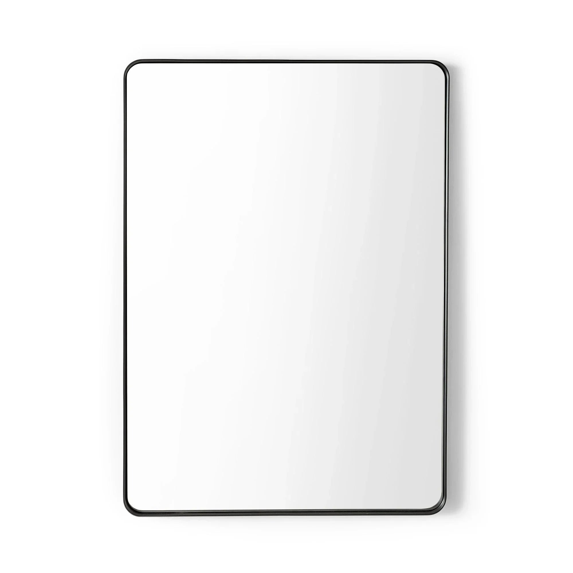 Rectangular wall mirror with slim black metal frame and rounded corners on white background