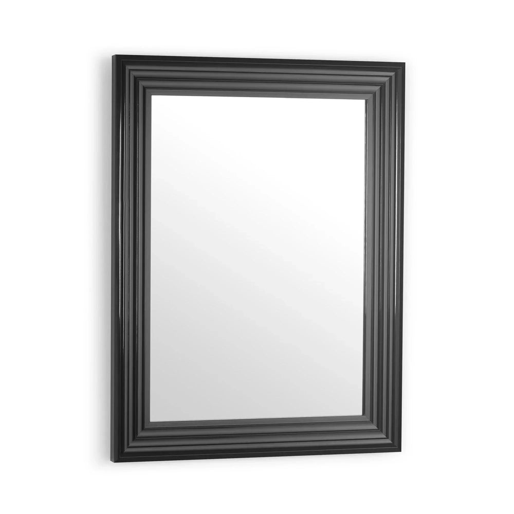 Rectangular wall mirror with black stepped frame, angled view against white background