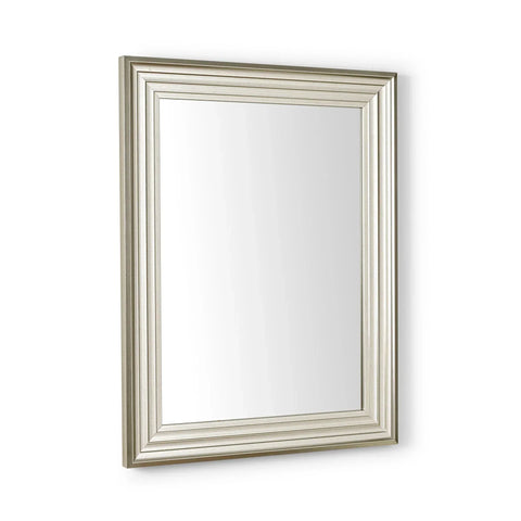 Rectangular wall mirror with silver grooved frame and clear glass, angled side view