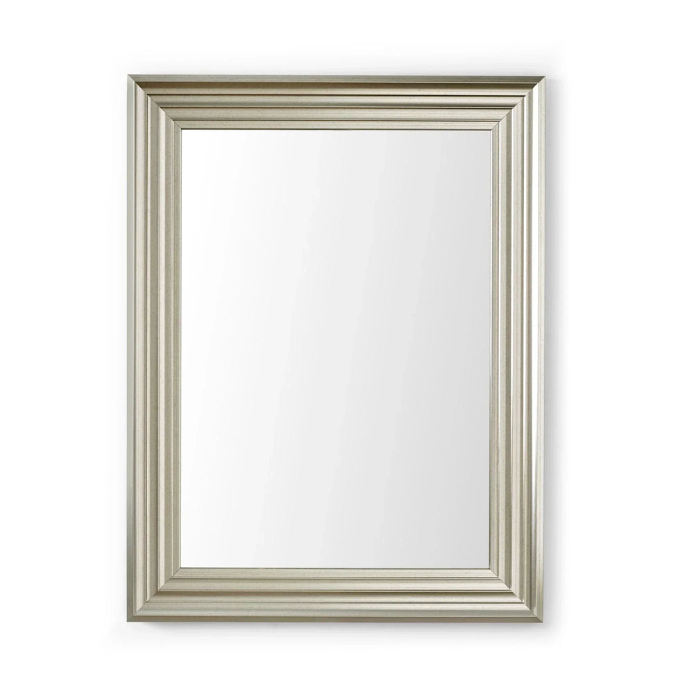 Rectangular wall mirror with beveled glass and silver grooved frame, front view