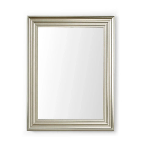 Rectangular wall mirror with beveled glass and silver grooved frame, front view