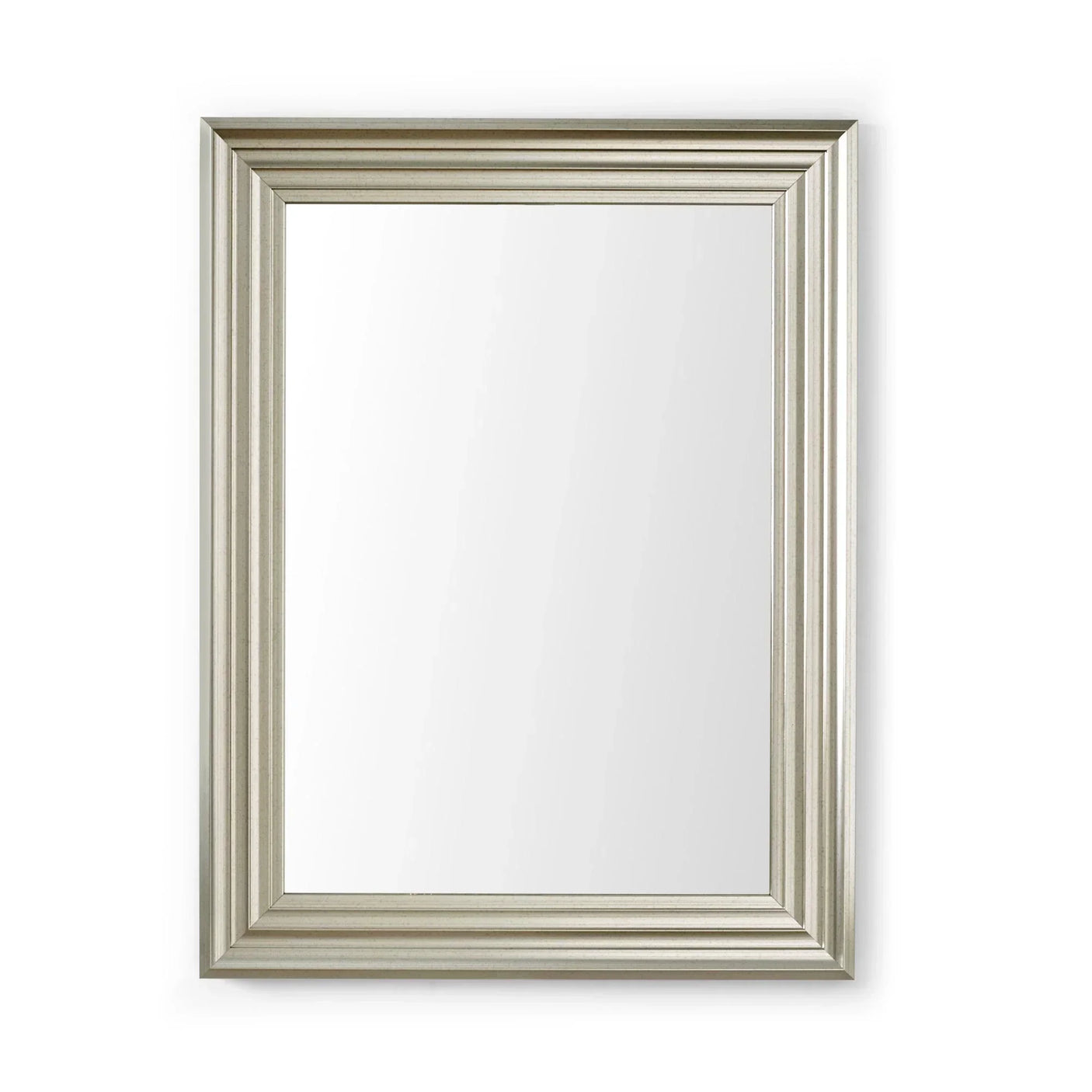 Rectangular wall mirror with beveled glass and silver grooved frame, front view