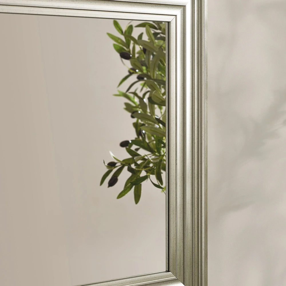 Silver wall mirror with grooved frame reflecting green leafy plant