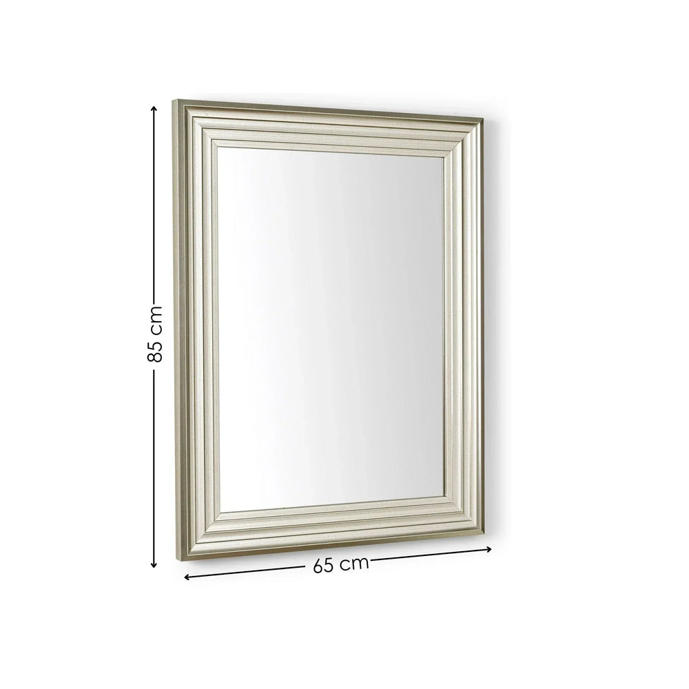 Rectangular silver wall mirror with grooved frame, 85 cm by 65 cm, angled side view