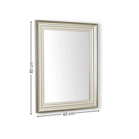Rectangular silver wall mirror with grooved frame, 85 cm by 65 cm, angled side view