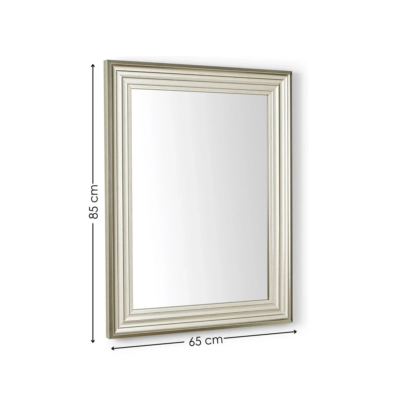 Rectangular silver wall mirror with grooved frame, 85 cm by 65 cm, angled side view