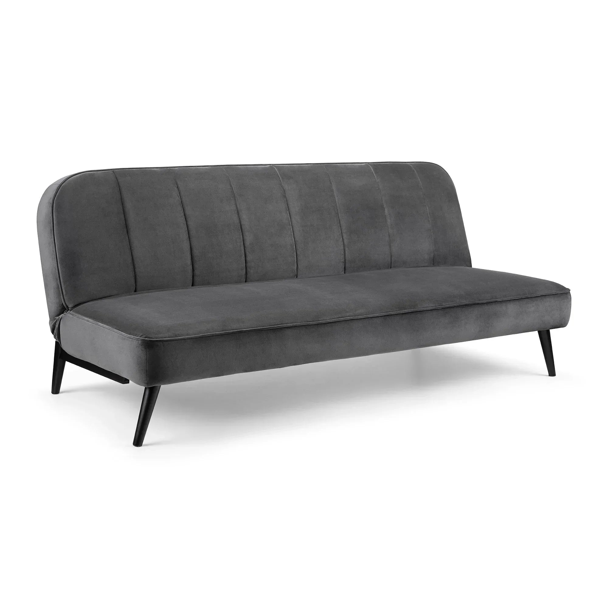 Grey velvet sofa with vertical stitched backrest and black angled legs, front angle view