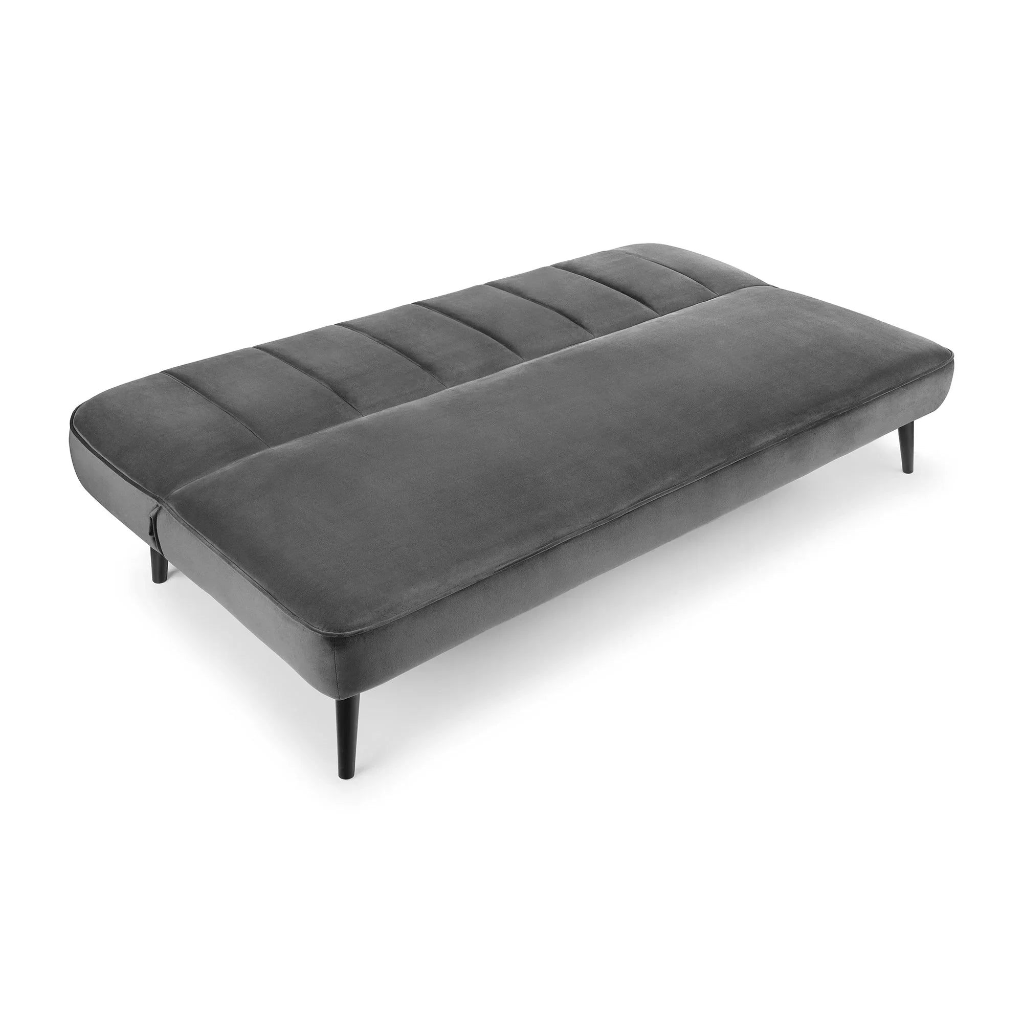 Grey velvet sofa bed with black tapered legs, shown in flat sleeping position