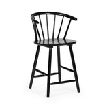 Black wooden bar stool with curved spindle backrest on white background showing side and front view