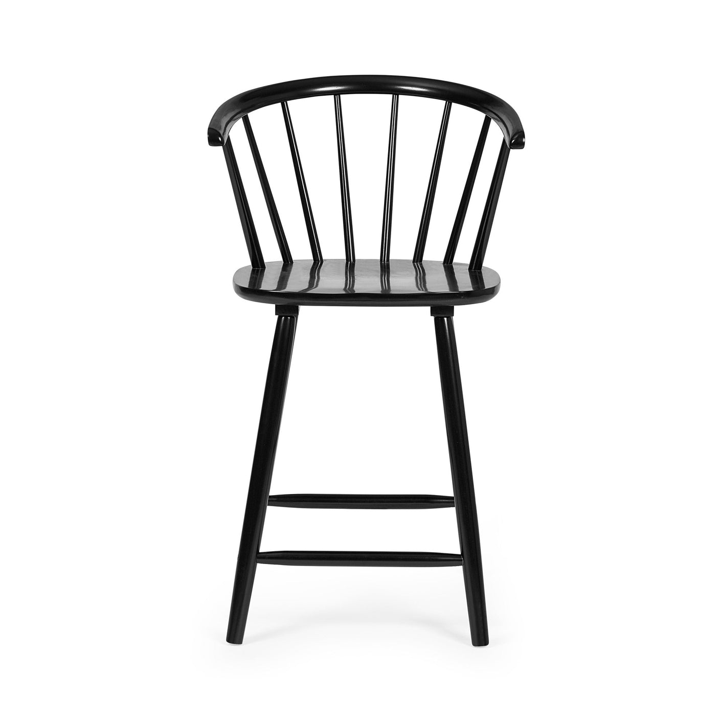 Black wooden bar stool with curved spindle backrest on white background showing rear view
