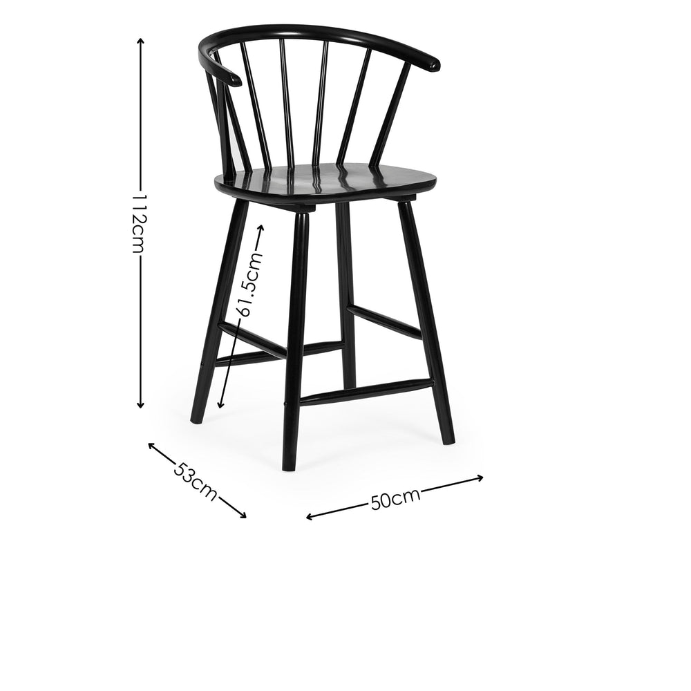 Black wooden bar stool with curved backrest and vertical slats, seat height 61.5cm, side angle