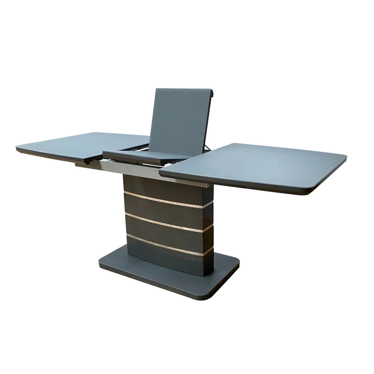 Dark grey extending dining table with pedestal base and lift-up leaf mechanism