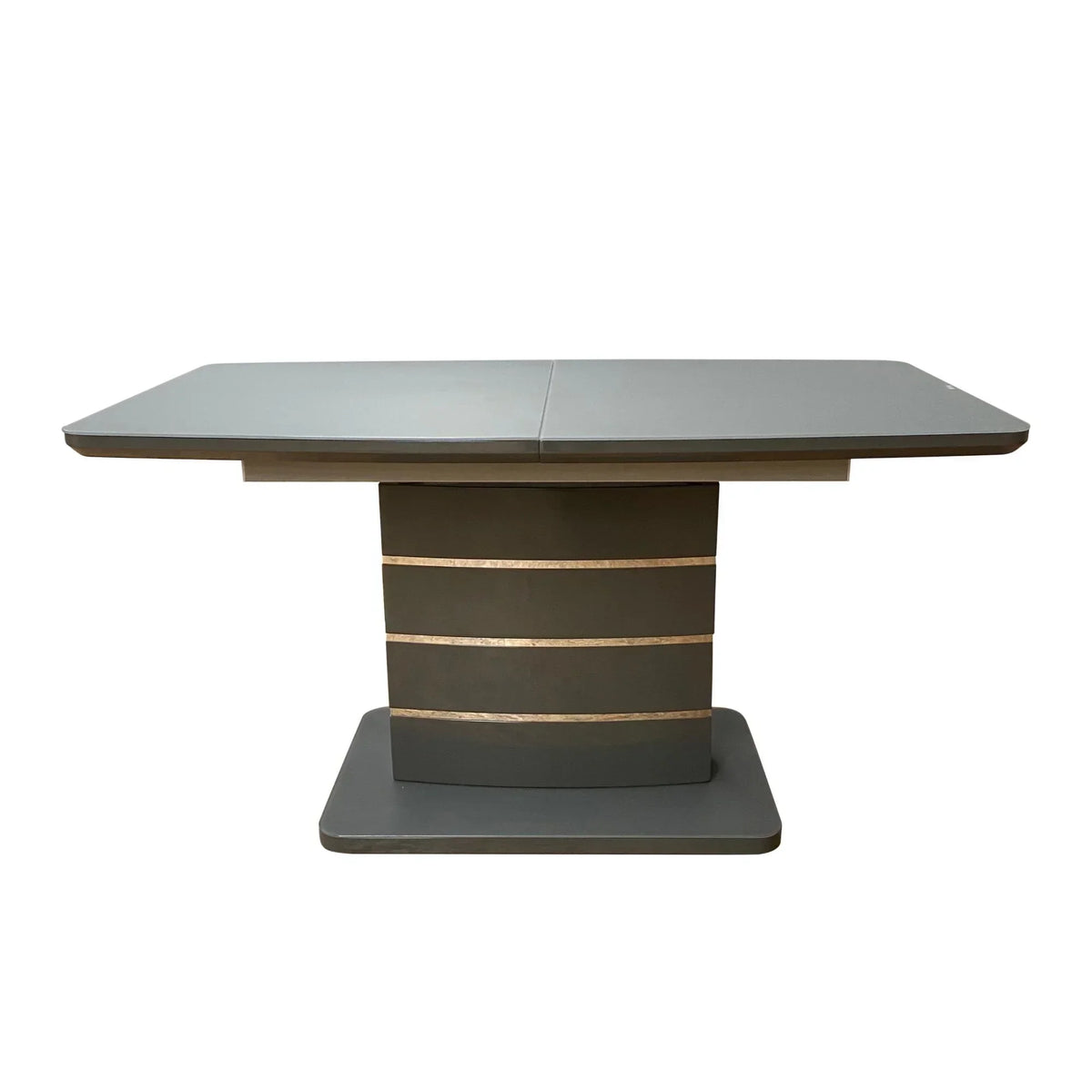 Rectangular grey dining table with pedestal base and gold accent lines