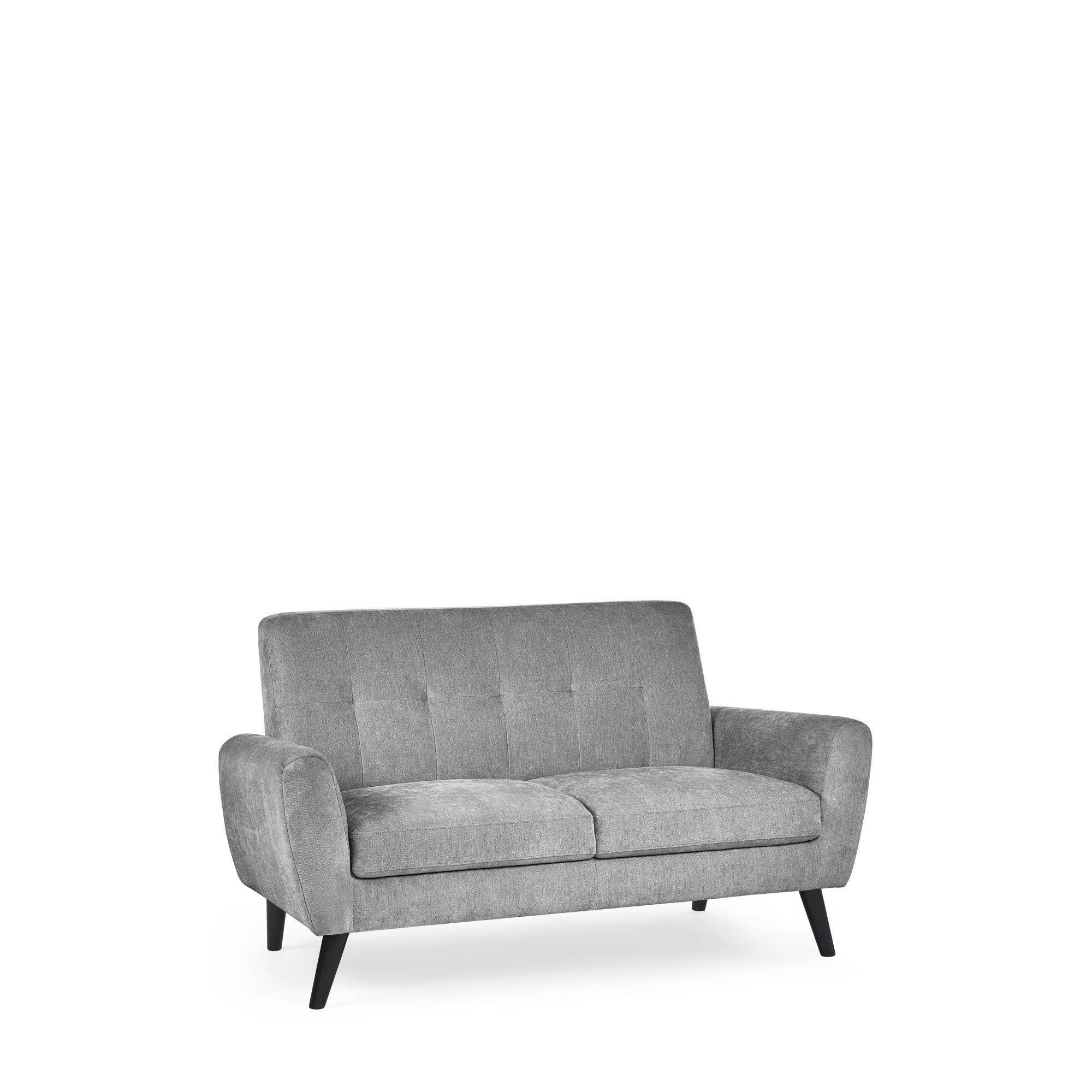 Dove grey fabric 2 seater sofa with angled legs and tufted backrest on white background