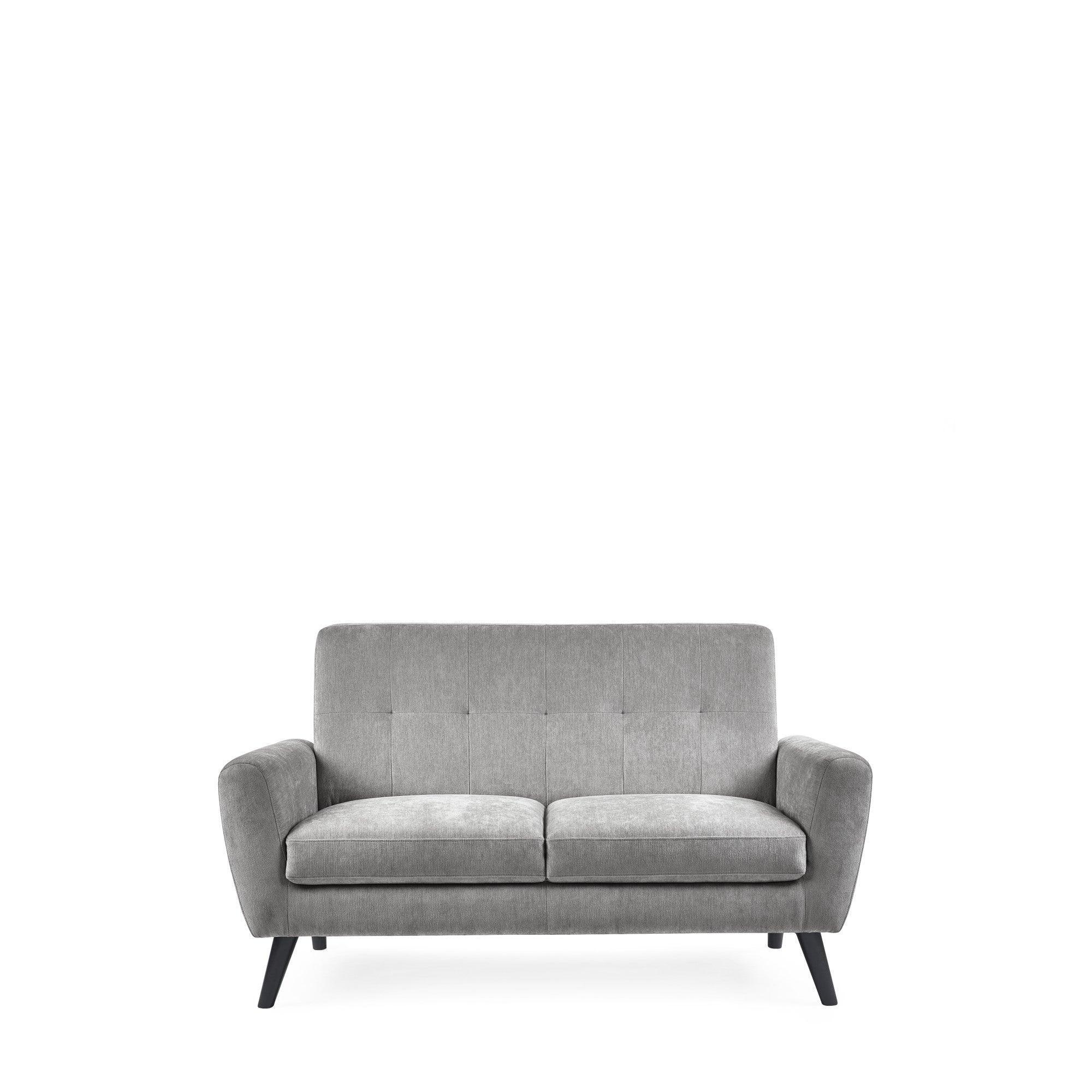 Dove grey 2 seater sofa with tufted backrest and angled black legs on white background