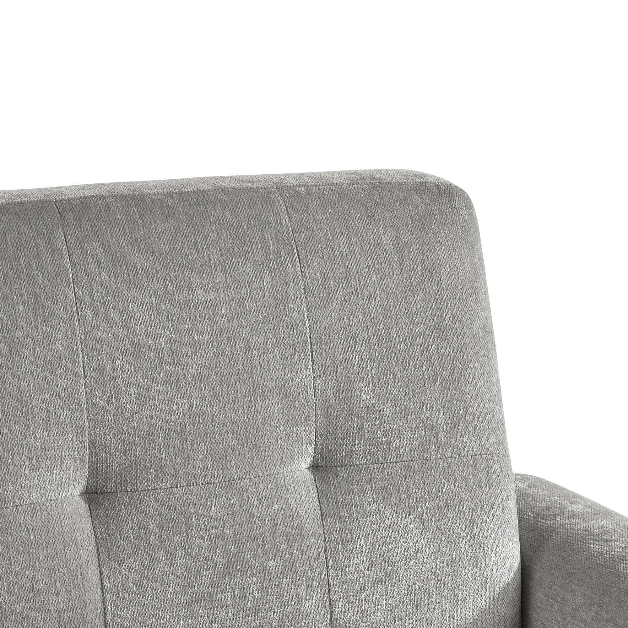 Light grey fabric sofa backrest with soft cushioning and stitched panel detail