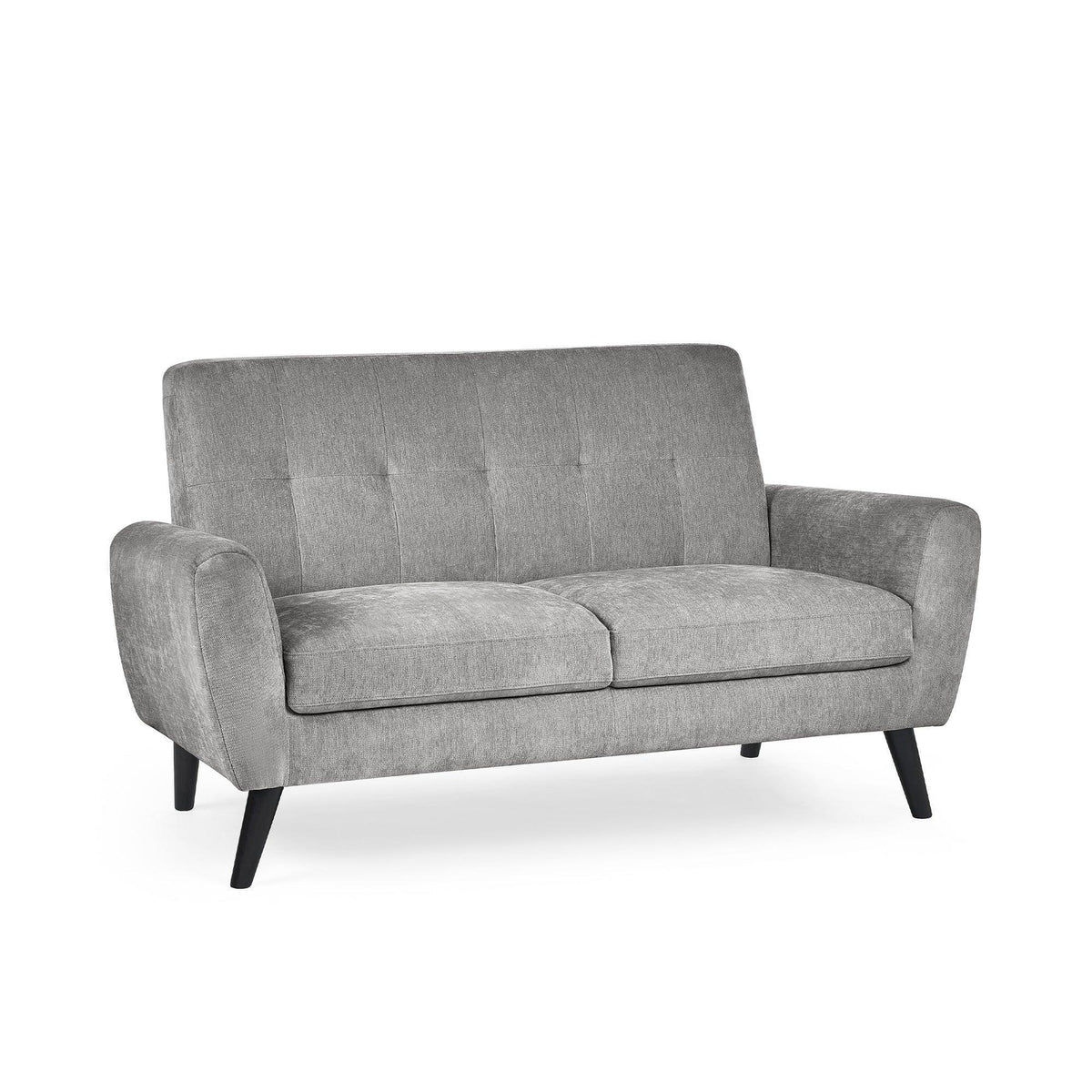 Grey fabric sofa with tufted backrest and angled black legs, front view