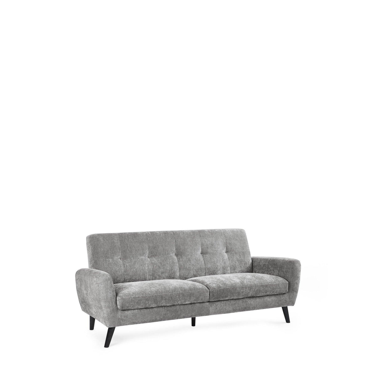 Dove grey three seater sofa with tufted backrest and angled black legs