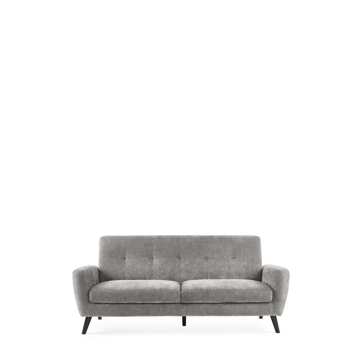Dove grey three seater sofa with tapered black legs and button tufted upholstery, front view
