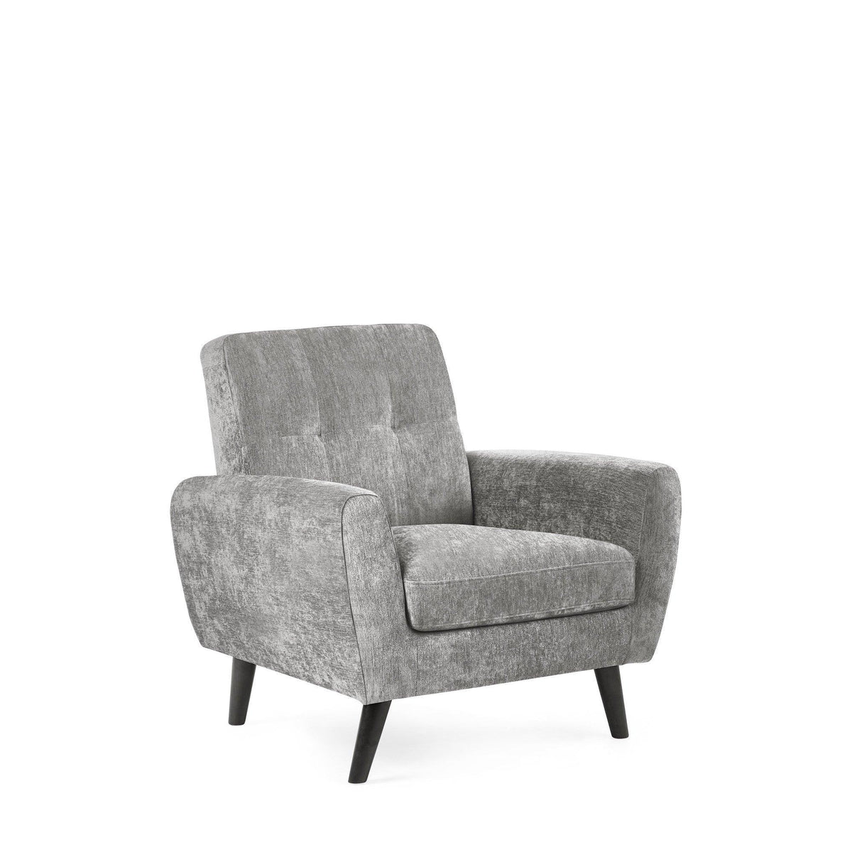 Dove grey armchair with textured fabric, angled black legs and modern lines on white background