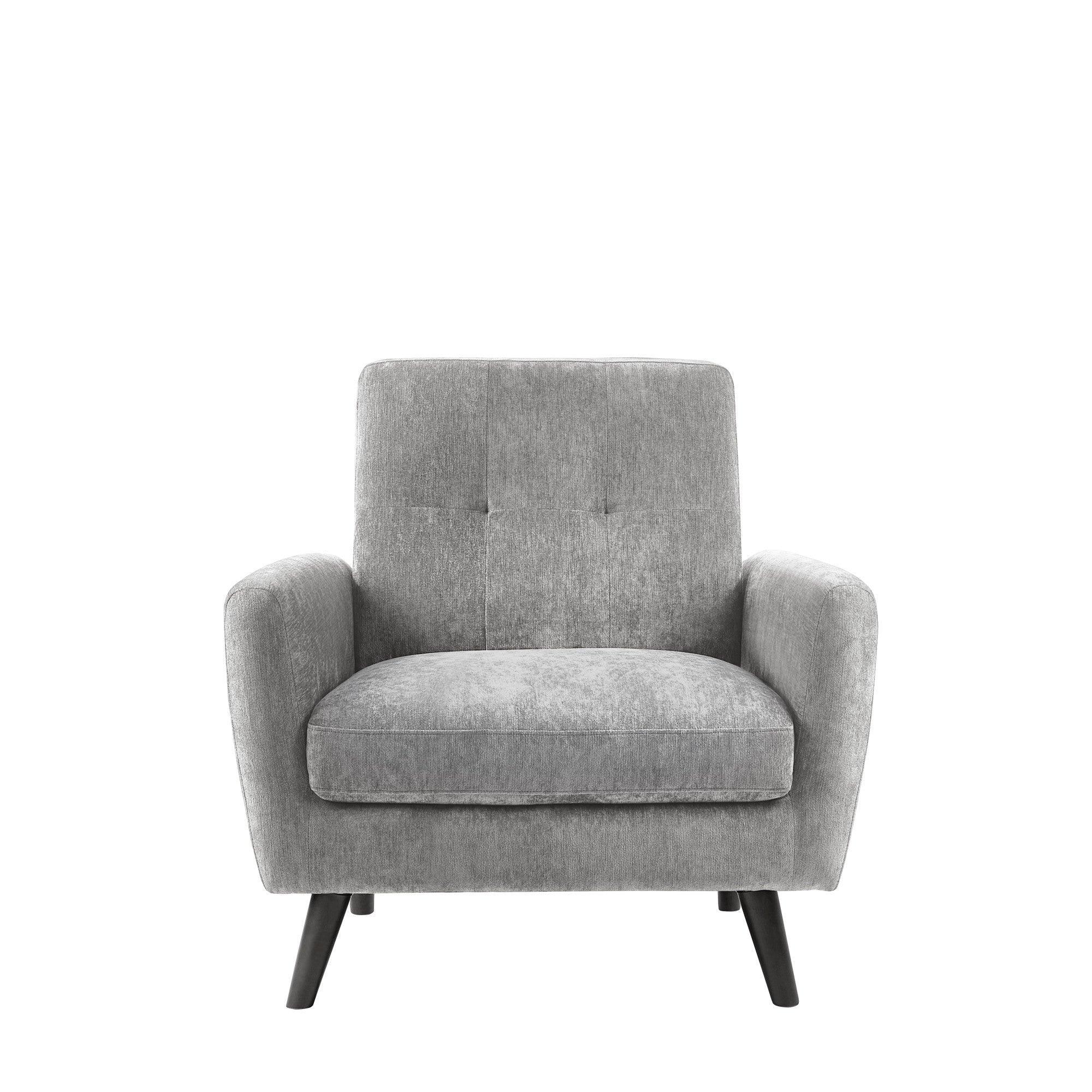 Dove grey armchair with fabric upholstery and angled black legs, front view