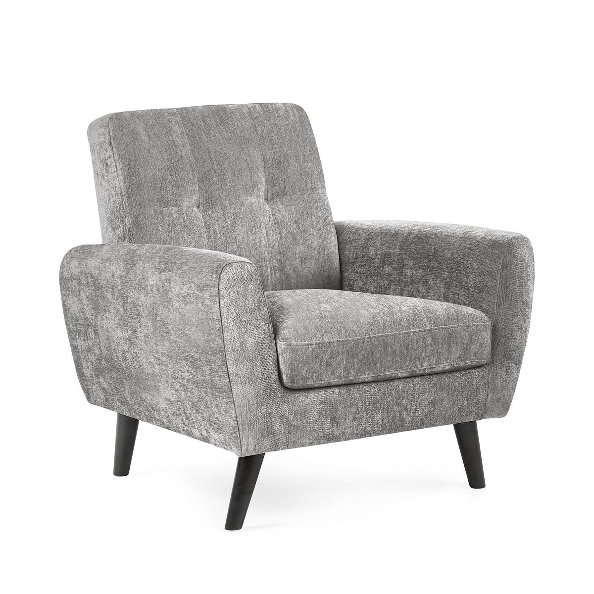 Grey fabric armchair with wide seat, angled black legs and button-back detail