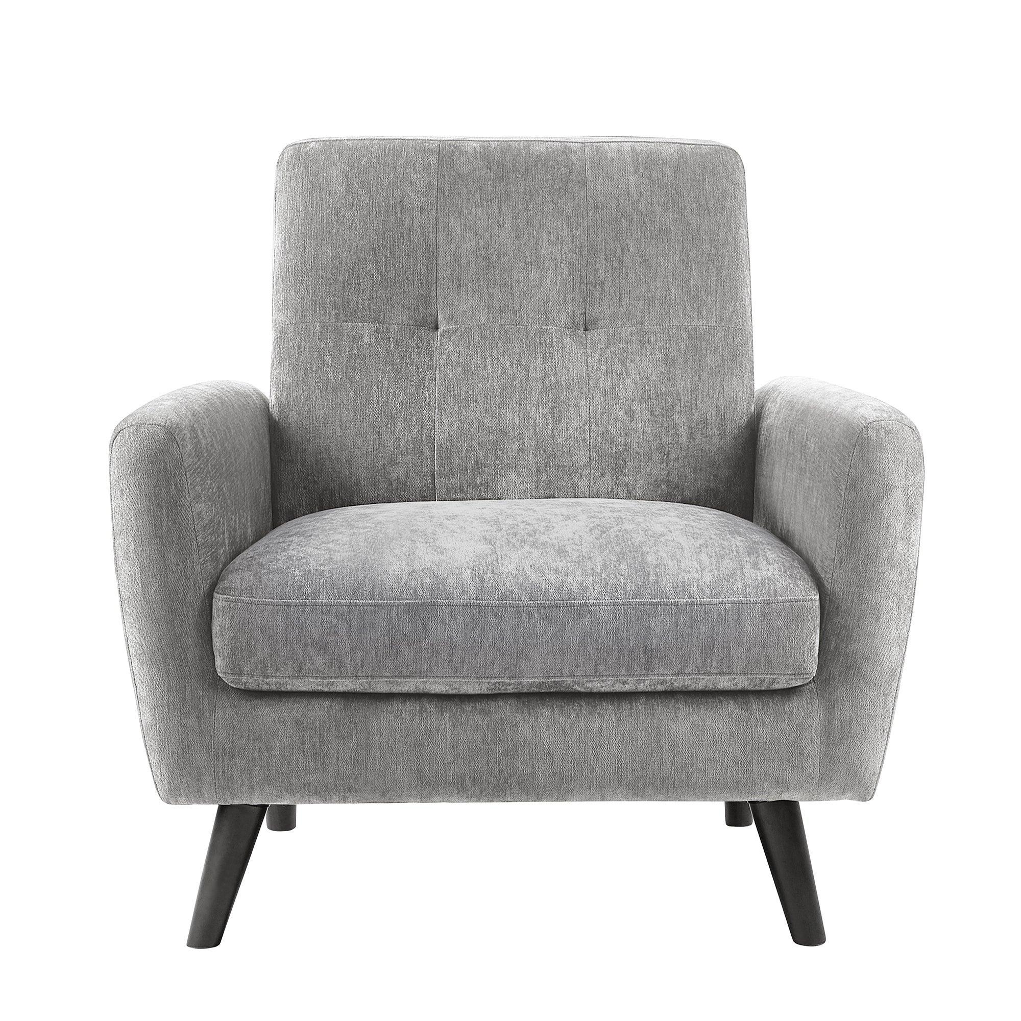 Grey fabric accent chair with button-tufted backrest and angled wooden legs, front view
