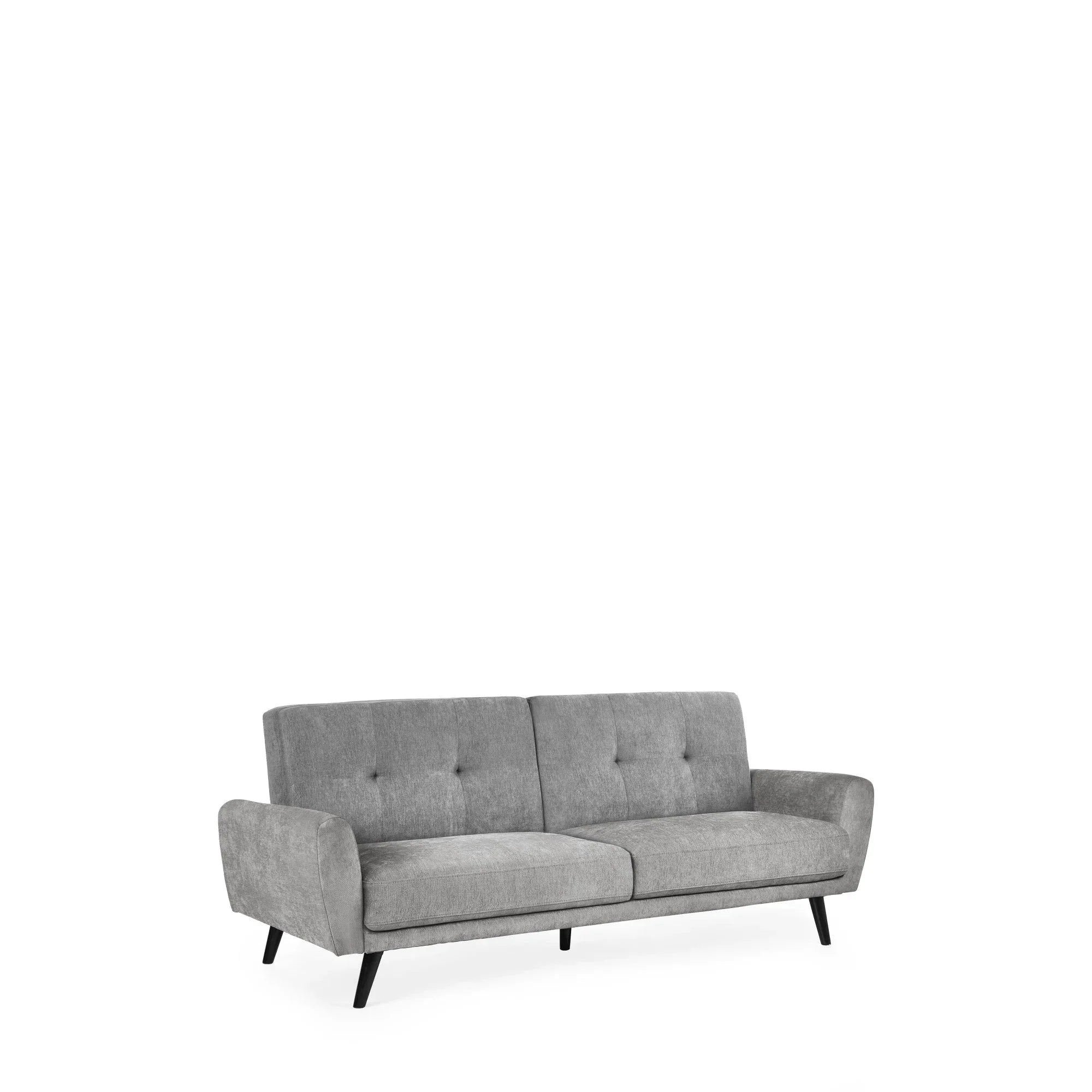 Dove grey sofa bed with tufted cushions and angled black legs on white background