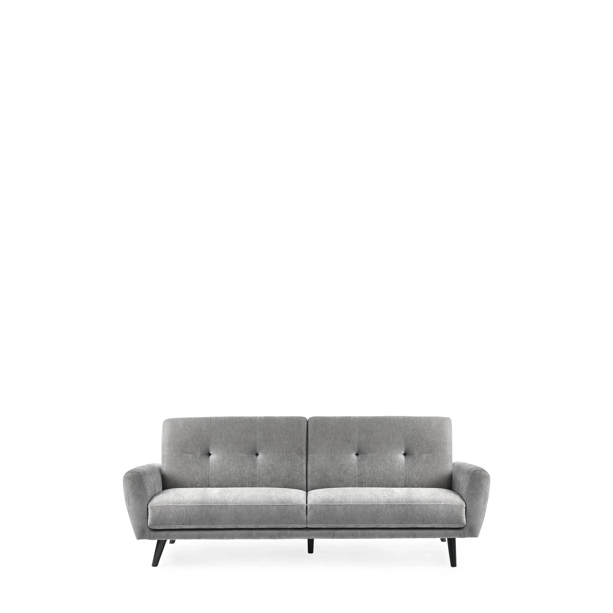 Dove grey sofa bed with button tufted backrest and angled black legs, front view