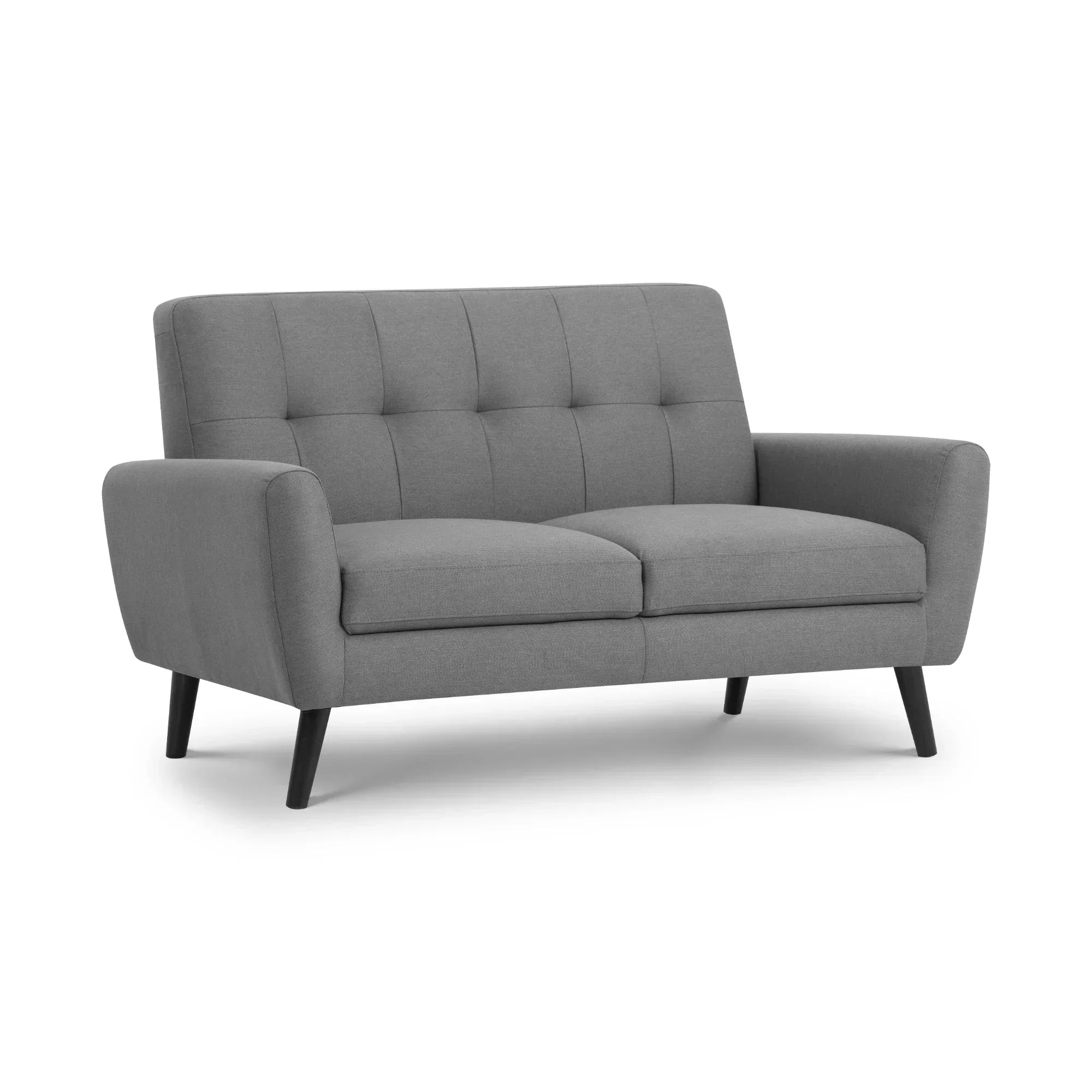 Grey fabric two seater sofa with tufted backrest and angled wooden legs