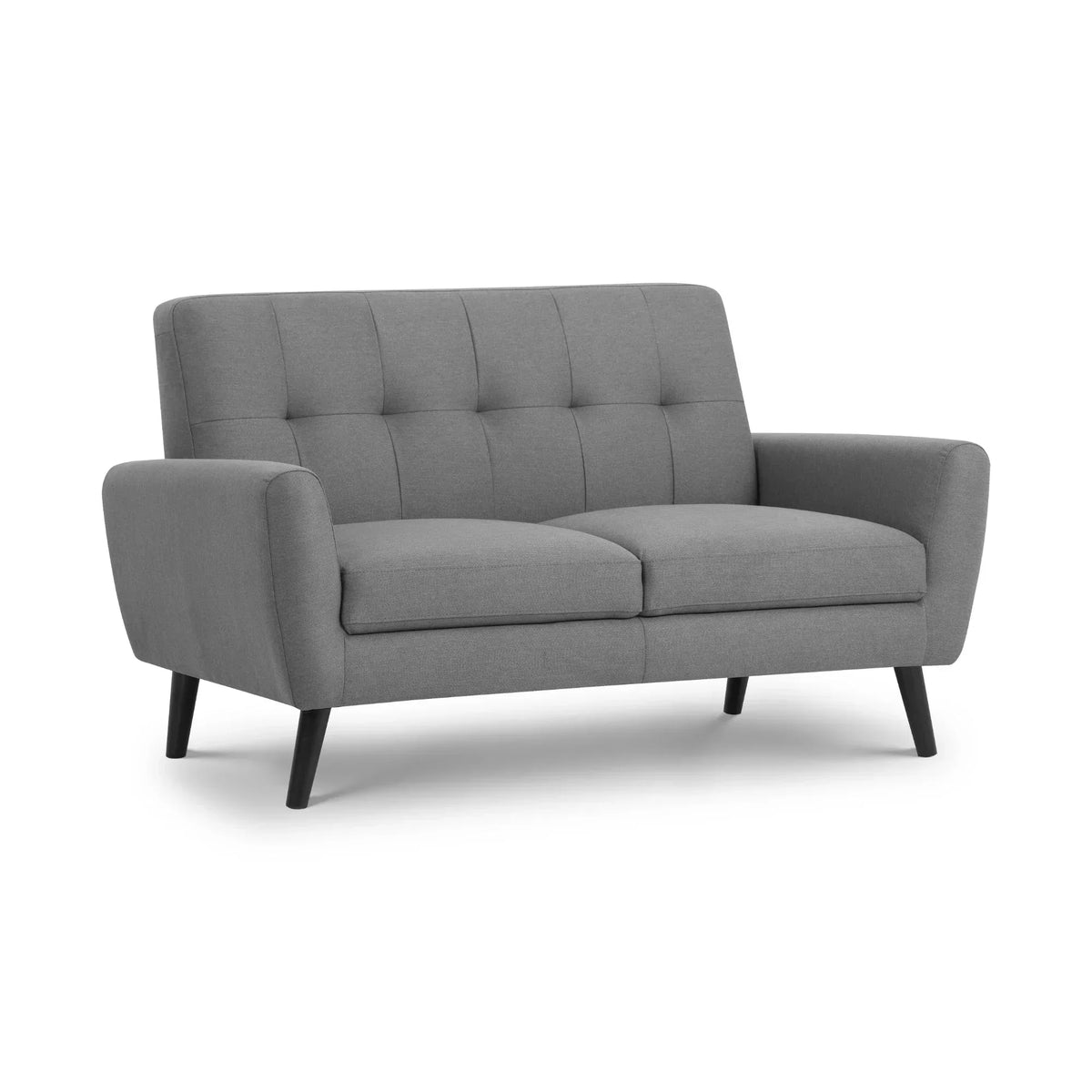 Grey fabric two seater sofa with tufted backrest and angled wooden legs