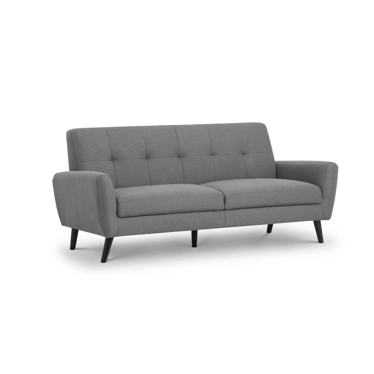 grey fabric 3 seater sofa with tufted backrest and angled black legs on white background