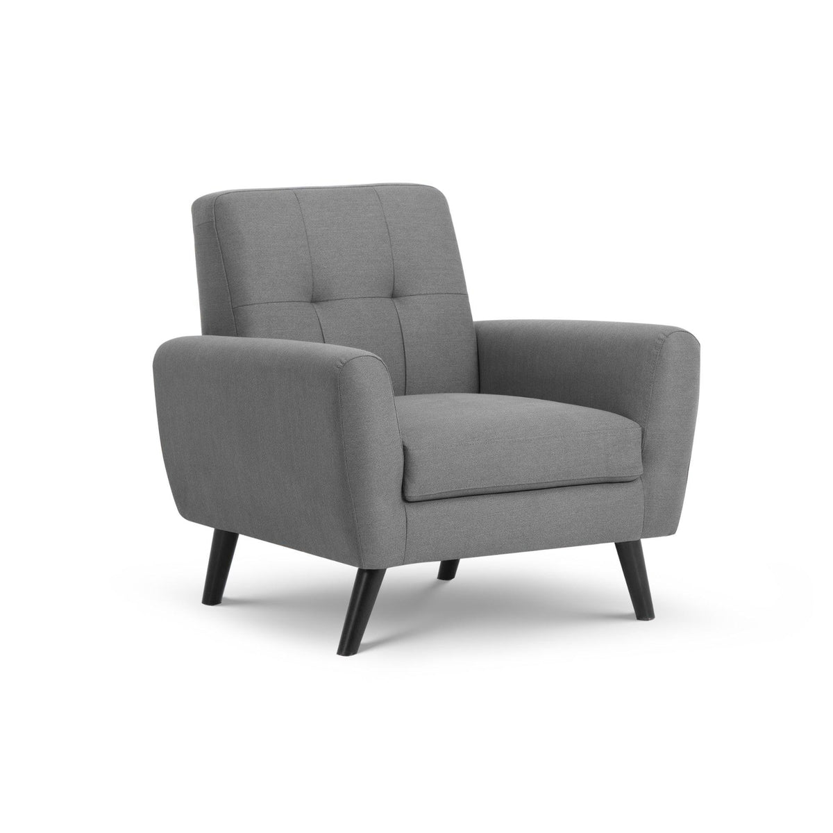 Modern grey fabric accent chair with padded seat and angled wooden legs